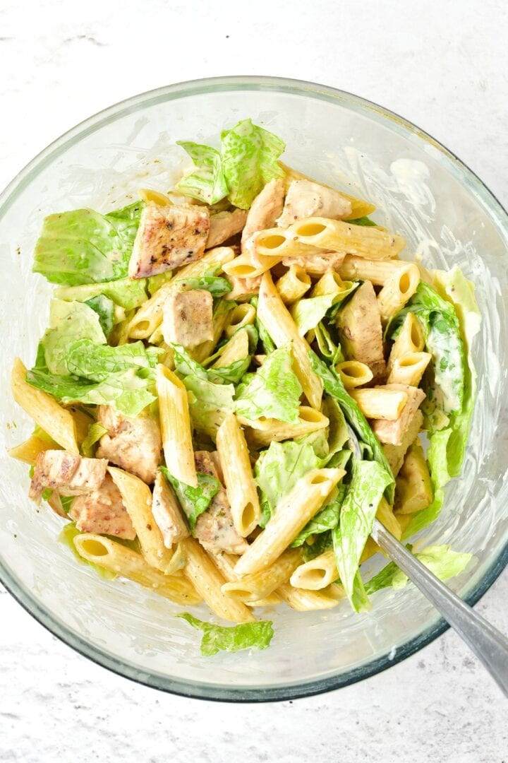 Chicken pasta salad tossed in caesar salad dressing.
