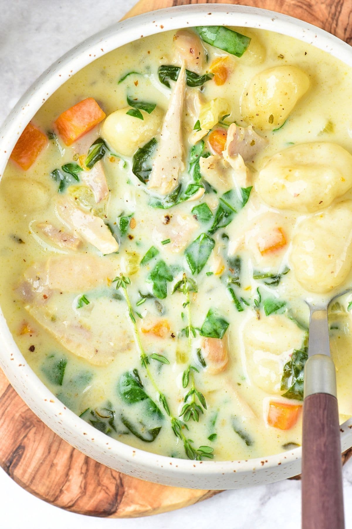Top down view of a bowl of creamy chicken gnocchi soup.