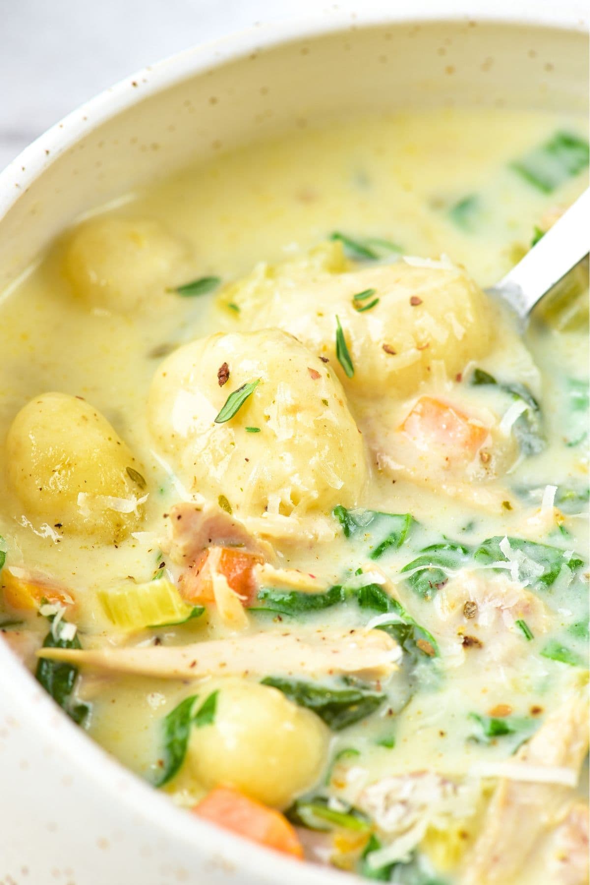 Scooping up gnocchi from bowl of soup.