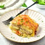 A plate with a portion of chicken casserole bake