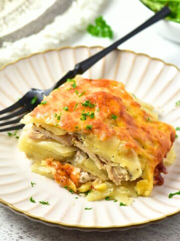 A plate with a portion of chicken casserole bake