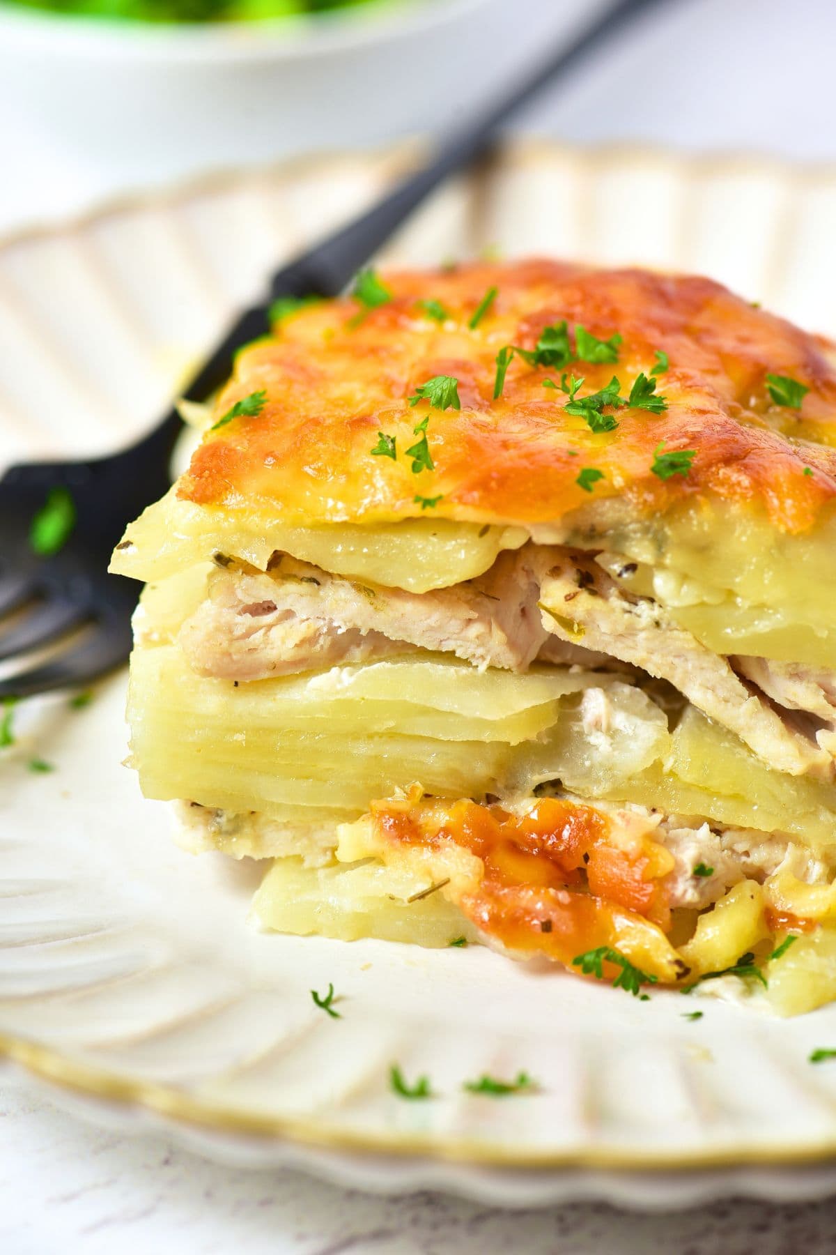 Up close view of texture of potato chicken casserole