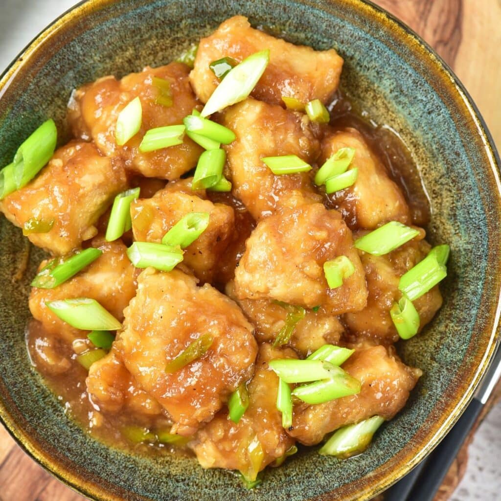 A bowl of Mongolian chicken topped with green onions
