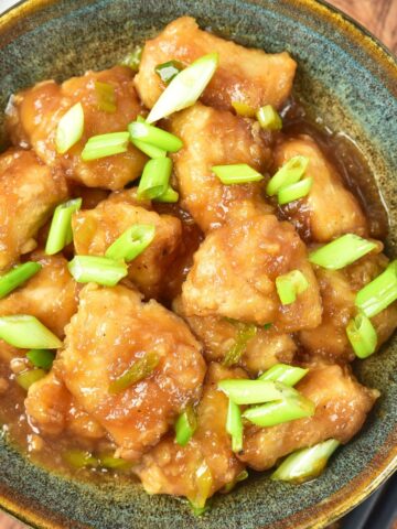 A bowl of Mongolian chicken topped with green onions