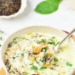 Holding up a spoonful of chicken wild rice soup