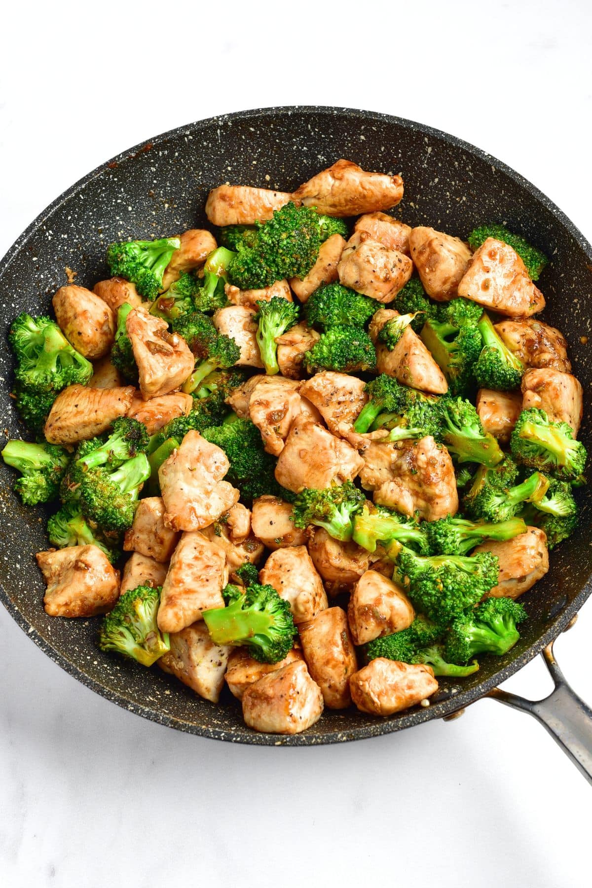 Top down view of sautéed broccoli chicken
