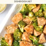 Top down view of a plate of broccoli and chicken.