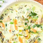 Up close view of bowl of chicken and wild rice soup