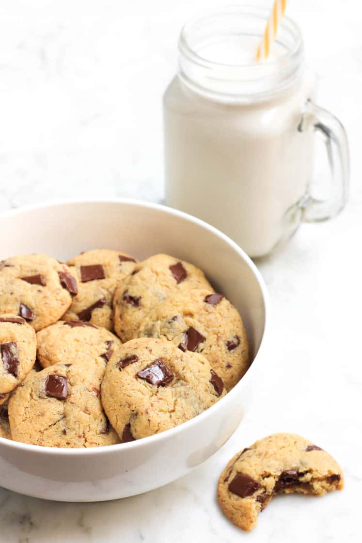 Gluten-free chickpea chocolate chip cookies in a bowl.