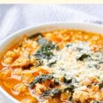 Up close view of chickpea soup in a bowl.