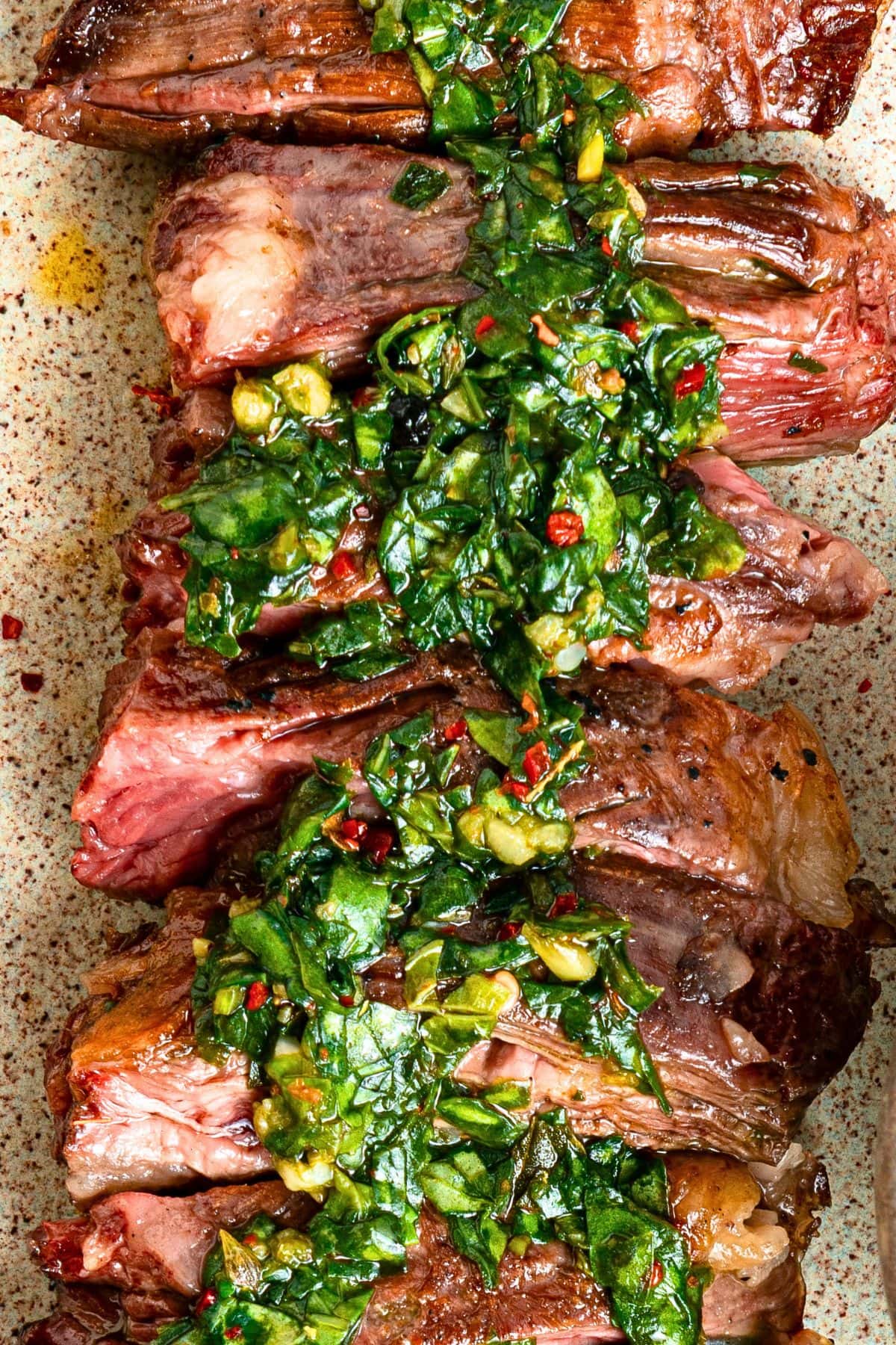 Top down view of easy chimichurri steak