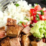 Up close view of a steak bowl