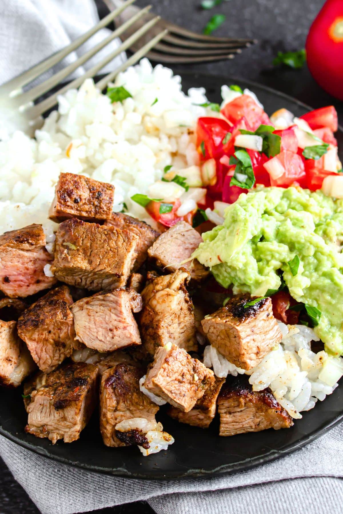 Chipotle Copycat Steak Bowl (Gluten-Free, Dairy-Free) Top down view of copycat Chipotle steak bowl