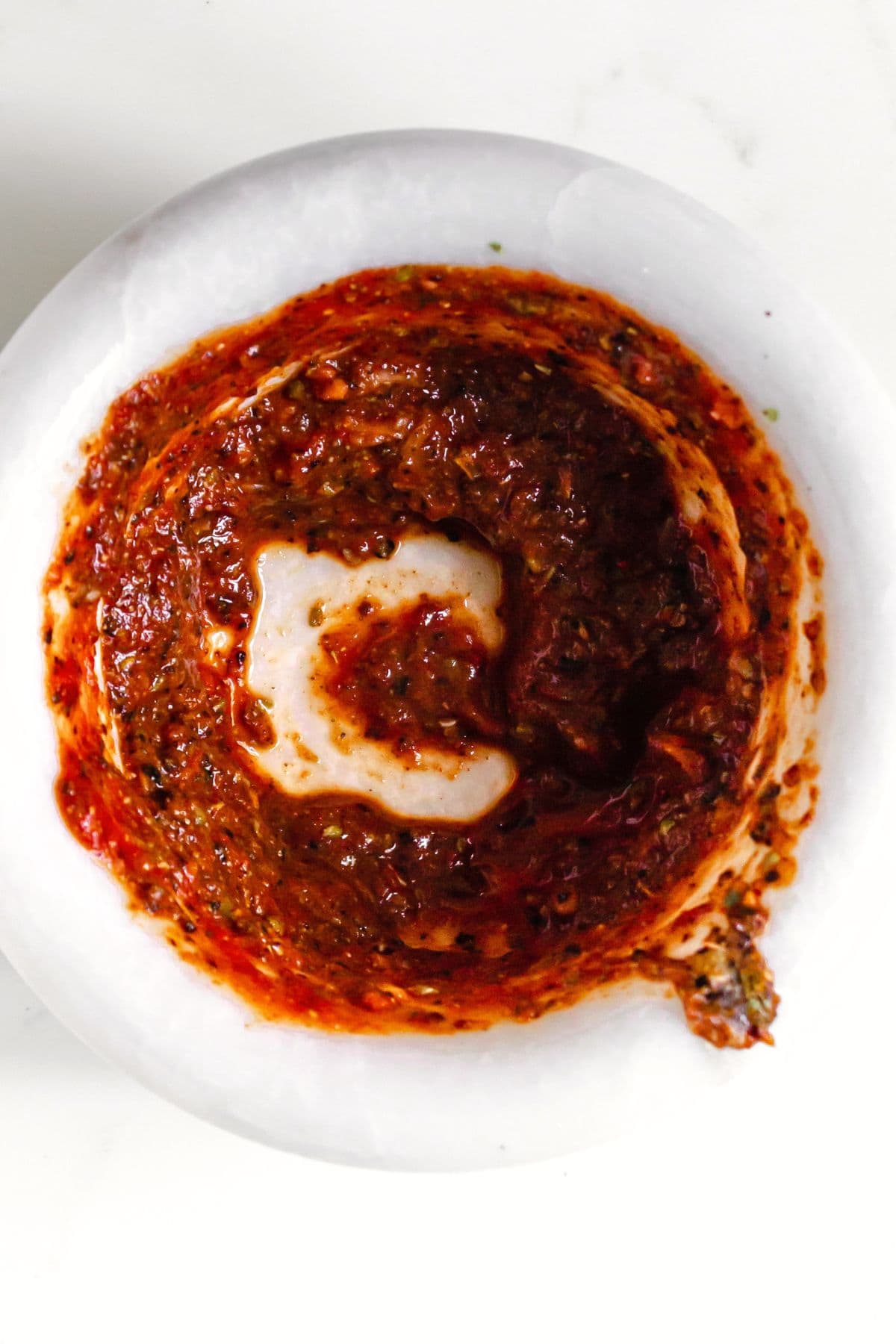 Easy Chipotle Steak Bowl (Gluten-Free, Dairy-Free) Red paste in mortar