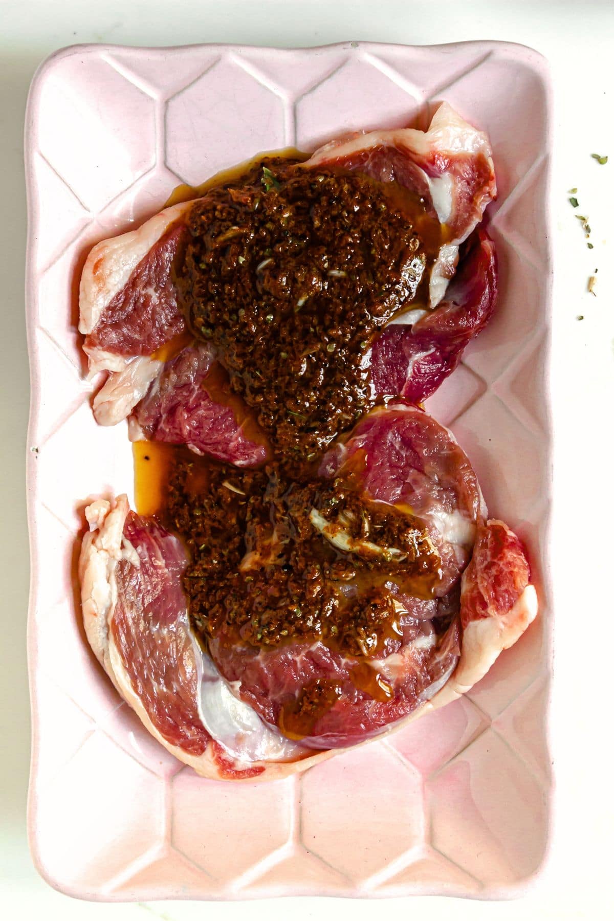 Dairy-Free Steak Bowl Recipe Two pieces of steak topped with marinade