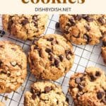 Top down view of gluten-free oatmeal cookies on wire rack.