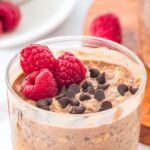 Up close view of a jar of chocolate overnight oats.
