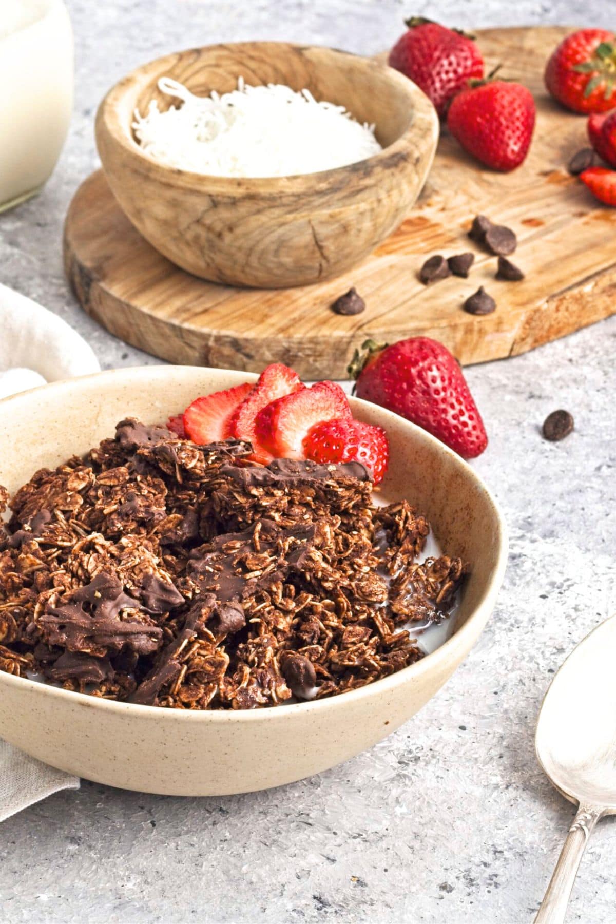 A bowl of chocolate and coconut granola with milk