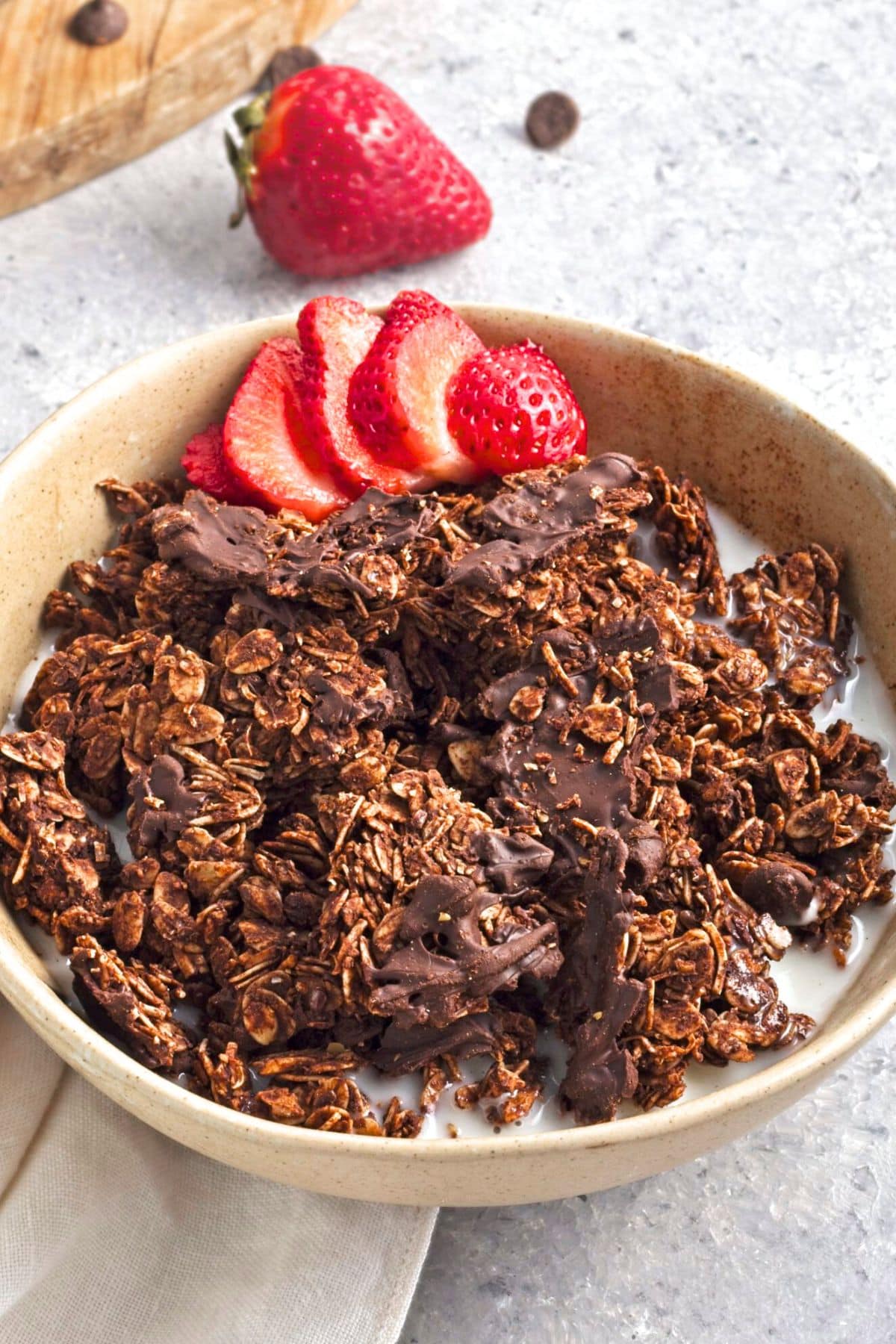 A bowl of chocolate coconut granola in milk.