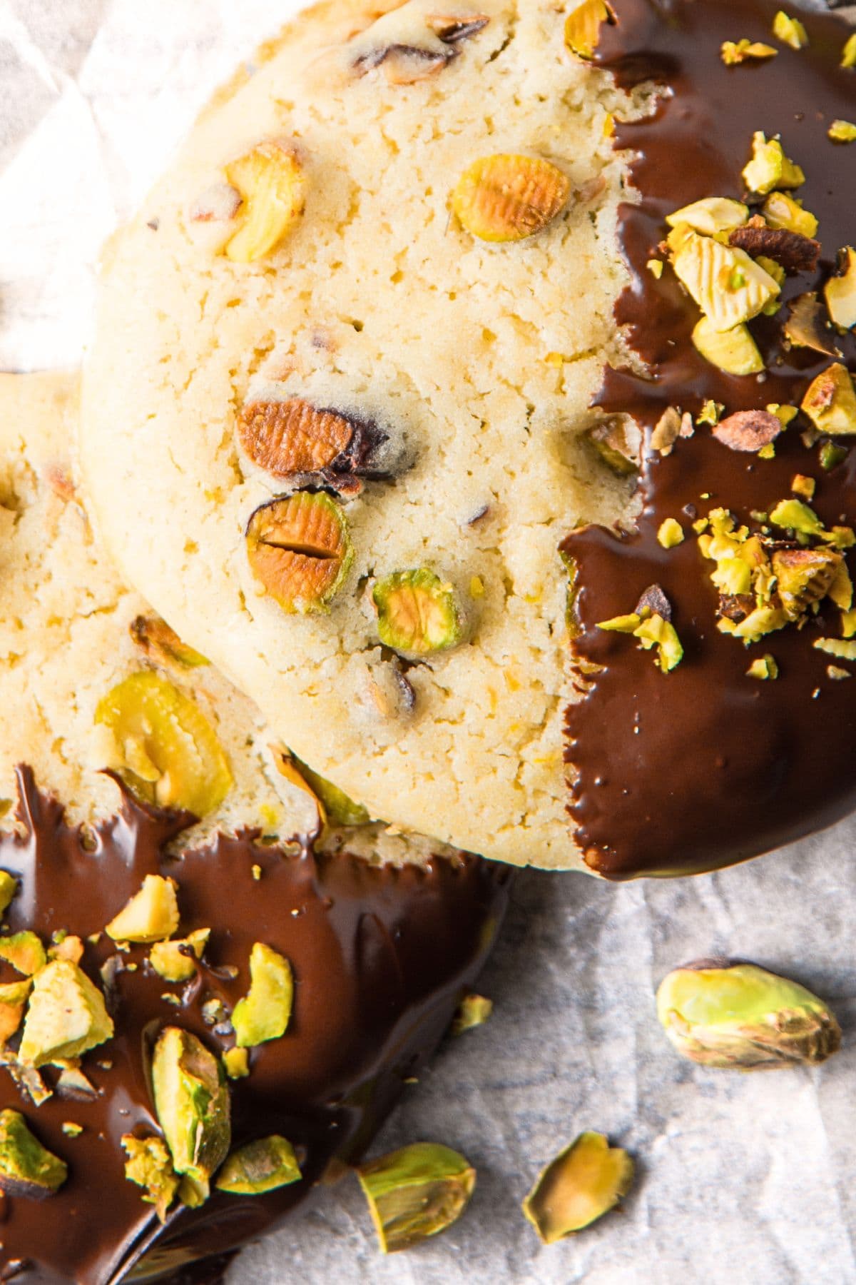 Up close view of pistachio shortbread cookies