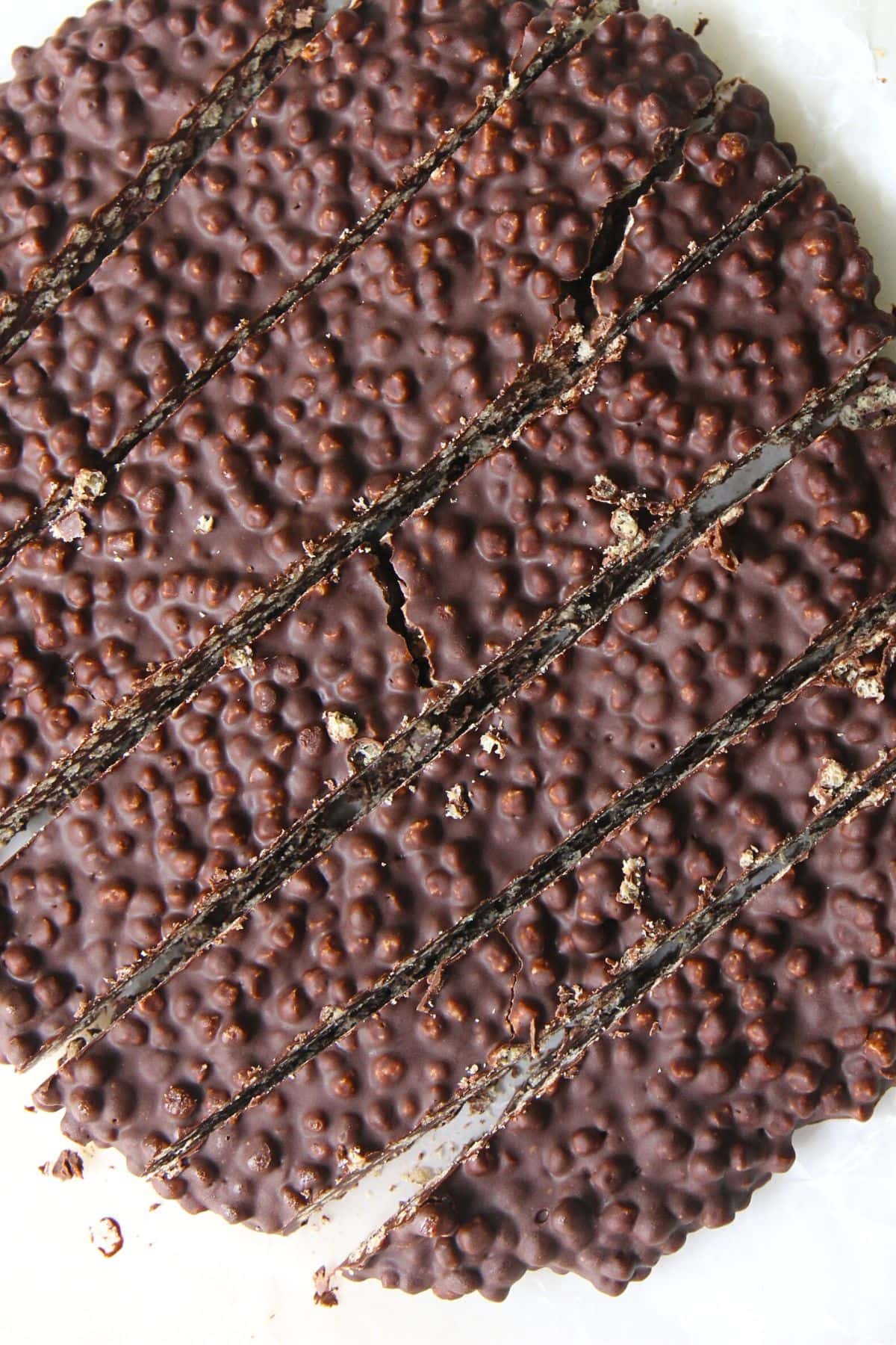 Top down view of sliced chocolate quinoa crunch