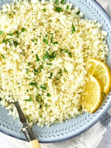Top down view of a bowl of cilantro cauliflower rice