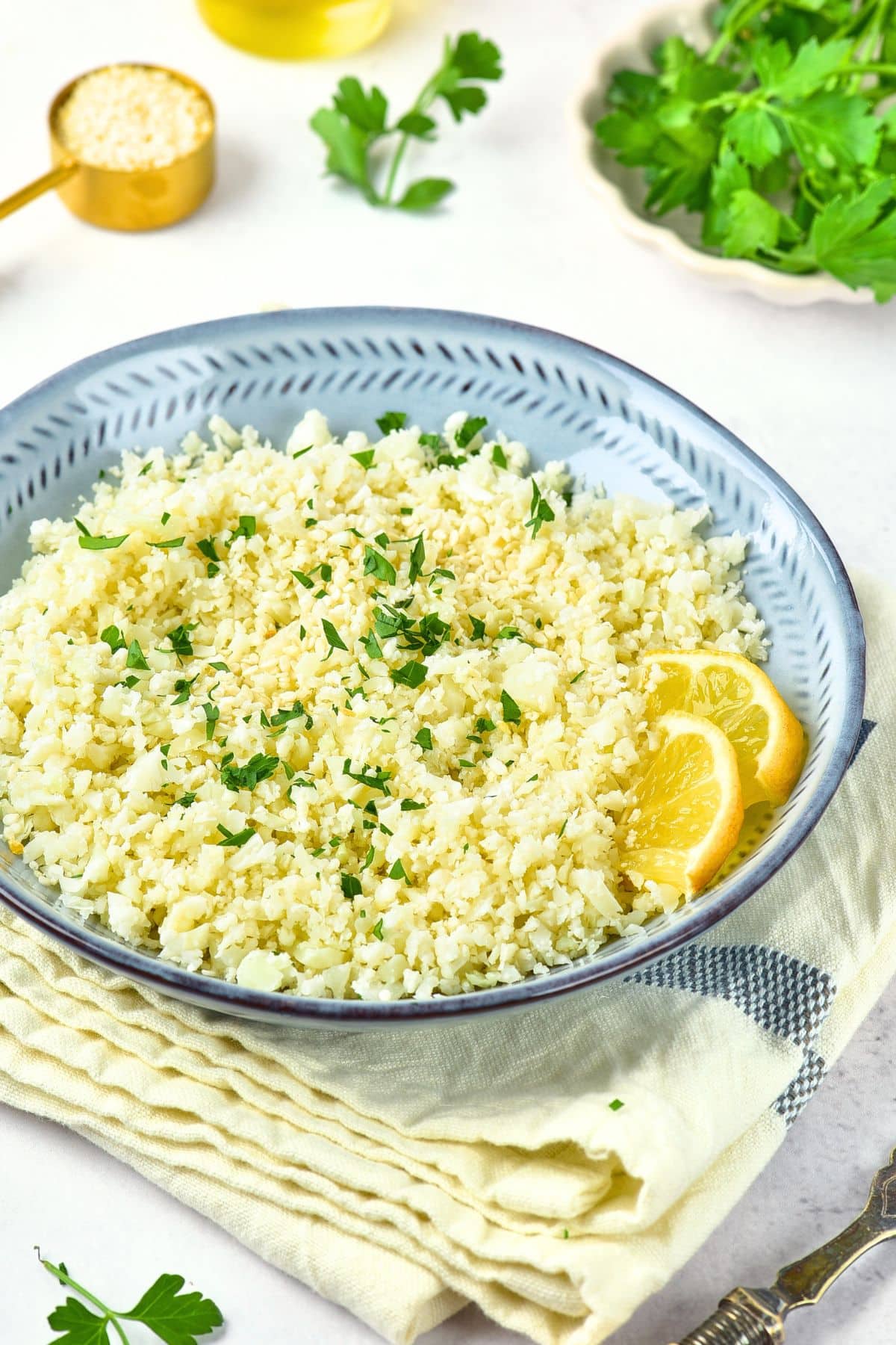 A bowl of cauliflower rice with cilantro