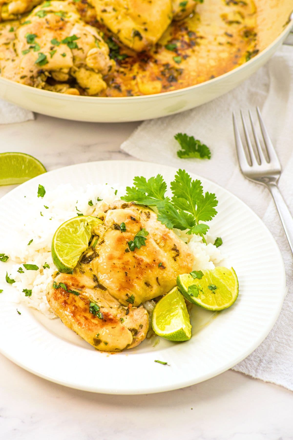 A plate of cilantro lime chicken thighs and rice