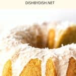Up close shot of glazed coconut bundt cake.