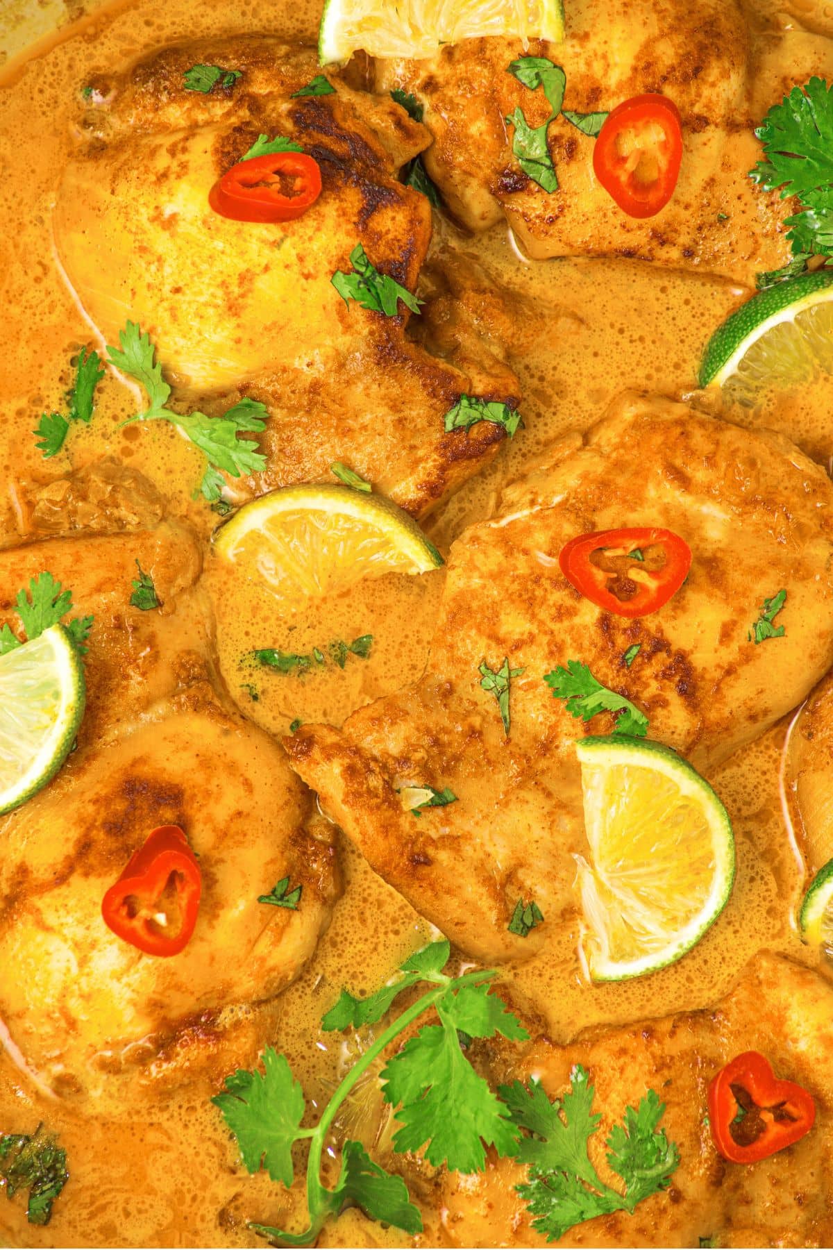 Lime and Coconut Chicken Thighs (Gluten-Free, Dairy-Free) Up close view of coconut lime chicken thighs topped with red chili slices and lime wedges