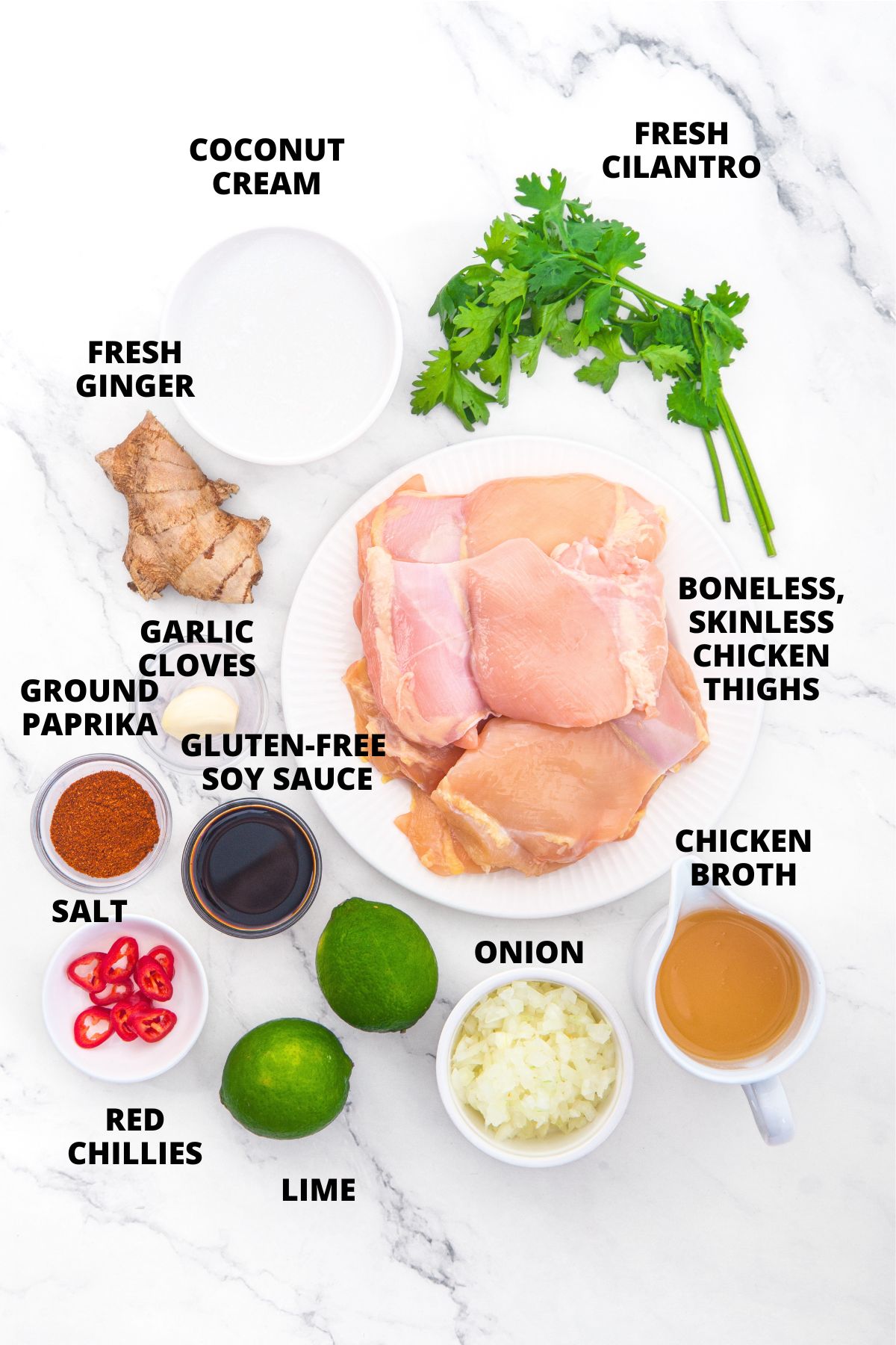 One-Pan Coconut Lime Chicken Recipe (Gluten-Free, Dairy-Free) Ingredients for coconut lime chicken recipe laid out on marble board.
