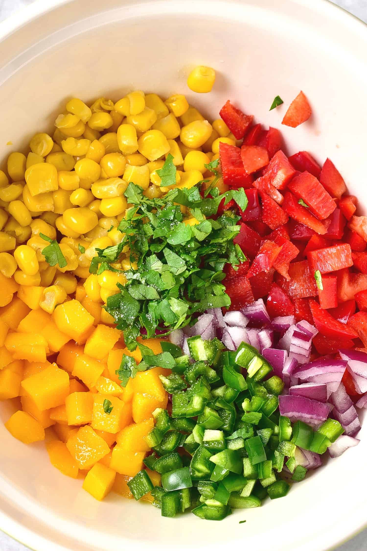 Colorful diced veggies in a bowl.