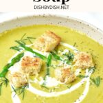 Up close view of a bowl of potato asparagus soup