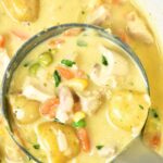 Holding up a ladle of chicken and potato soup
