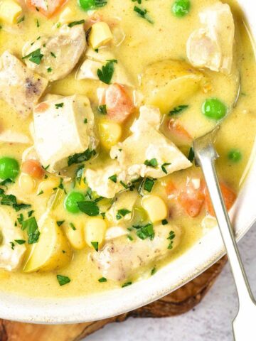 Top down view of a spoon in a bowl of creamy chicken soup