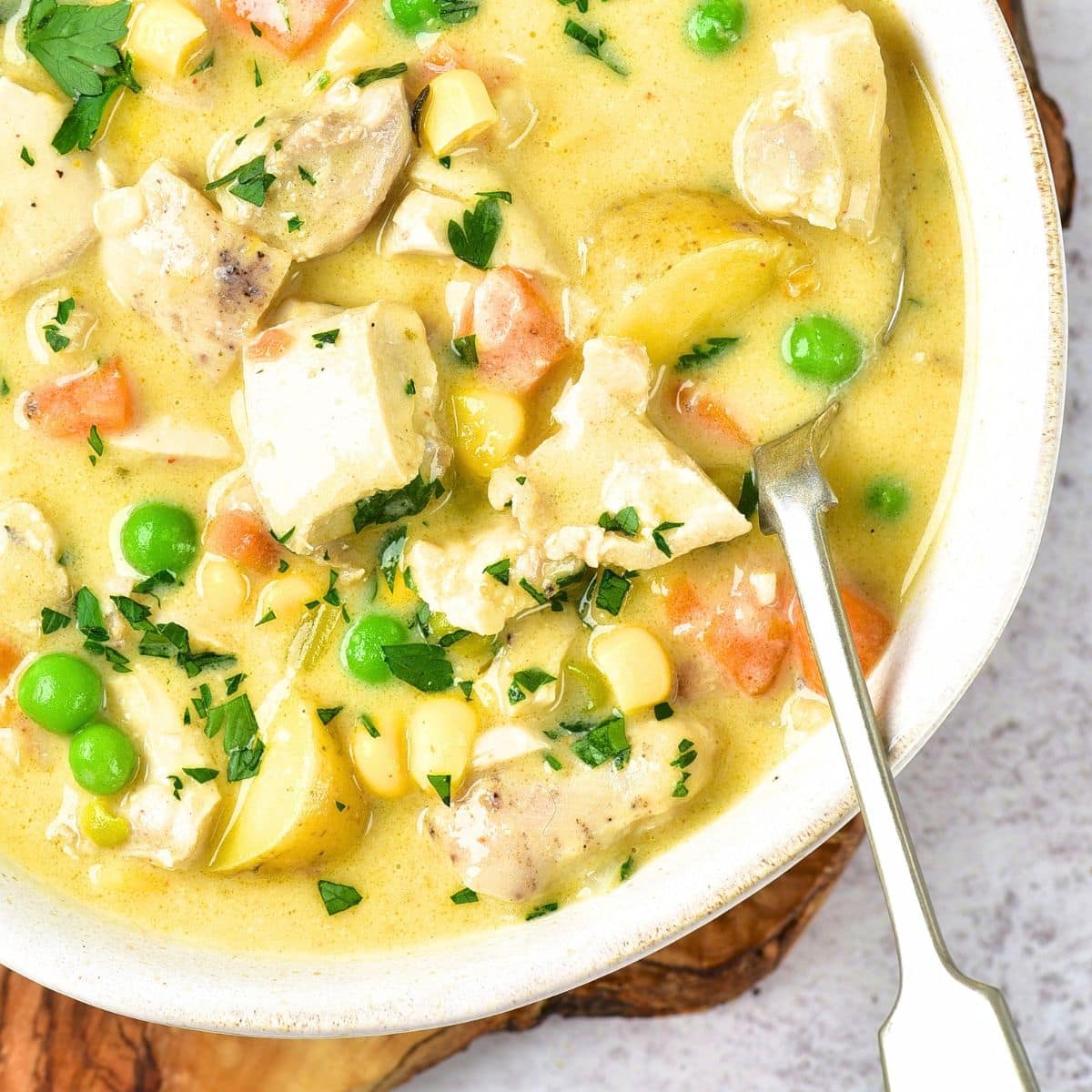 Top down view of a spoon in a bowl of creamy chicken soup
