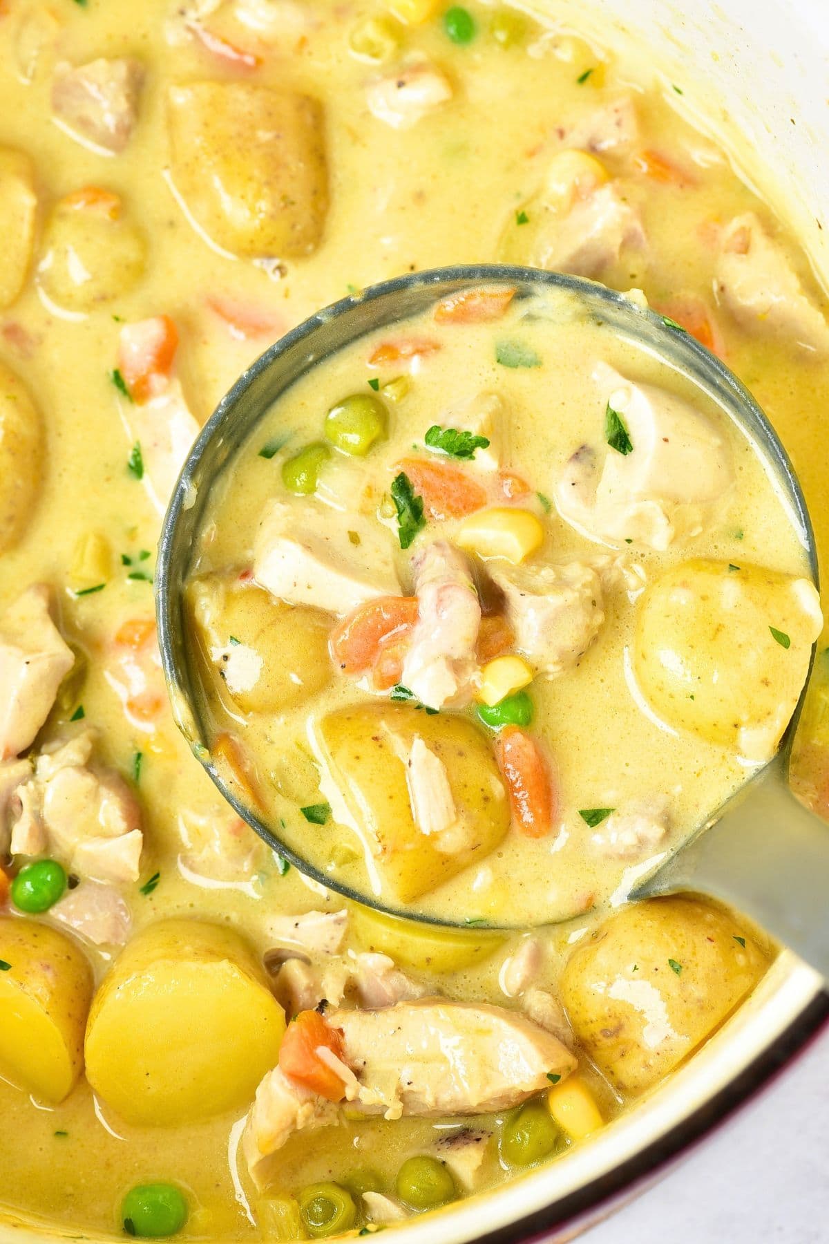 Holding up a ladle of gluten-free creamy chicken soup.