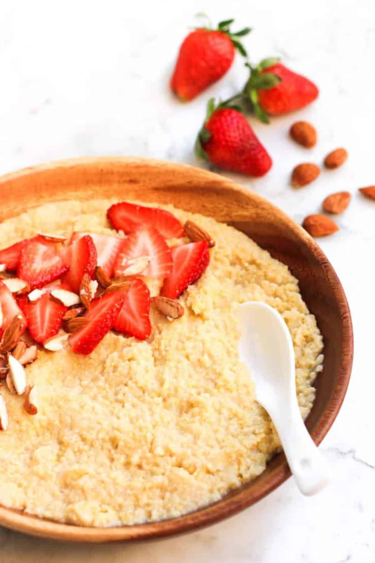 Up close shot of bowl of millet porridge.