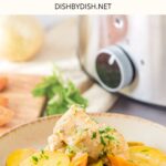 A bowl of creamy slow cooker chicken in front if a slow cooker