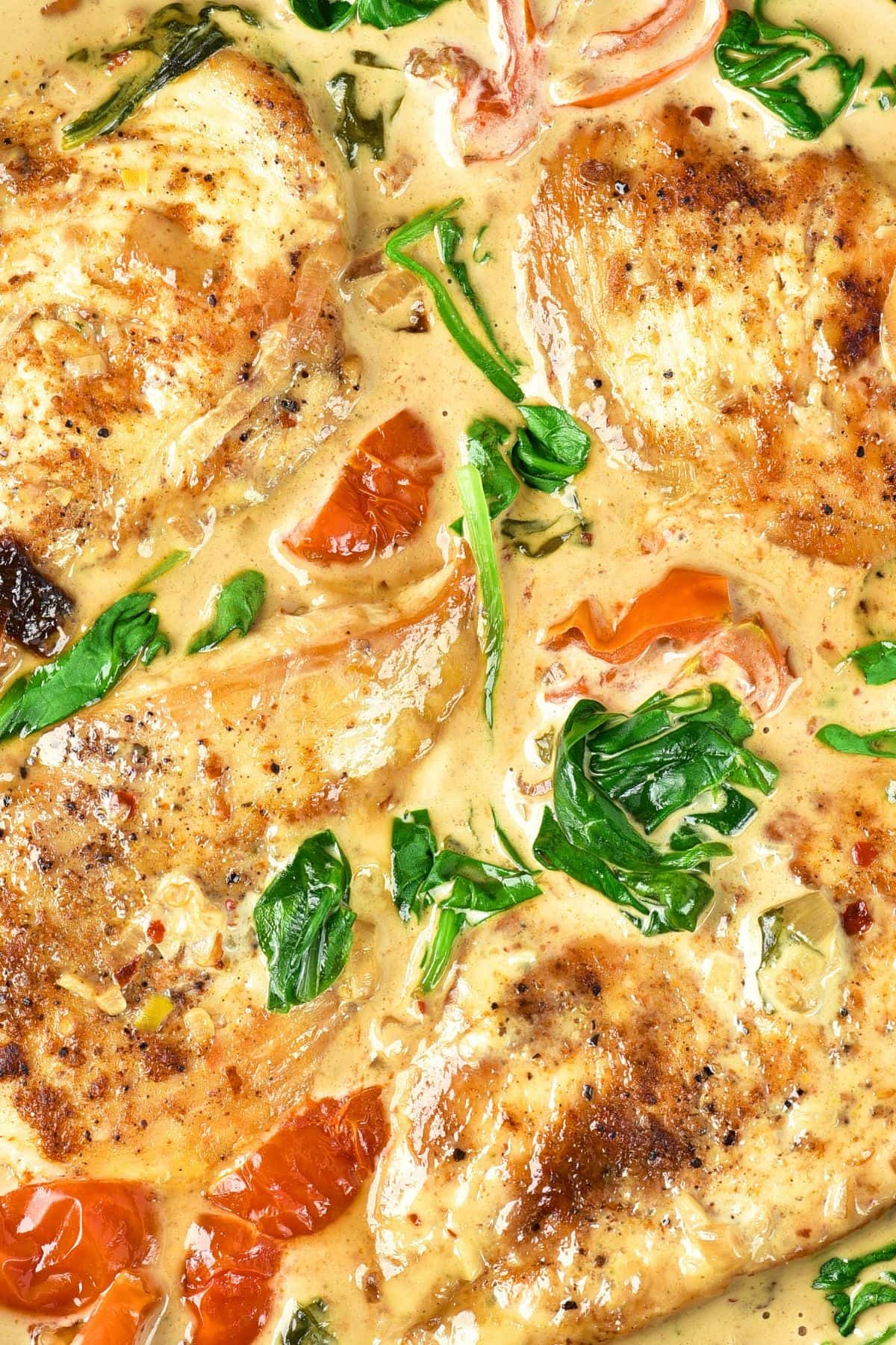 One-Pan Tuscan Chicken (Gluten-Free, Dairy-Free) Up close view of one-pan Tuscan chicken