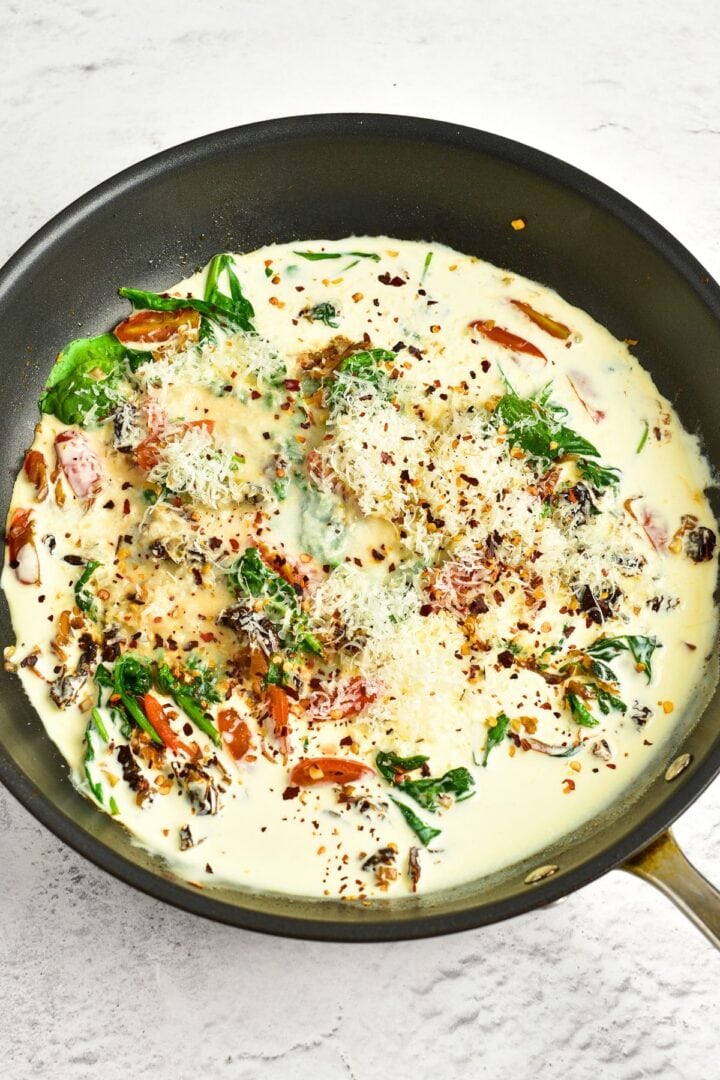 Vegetables in a creamy sauce in pan