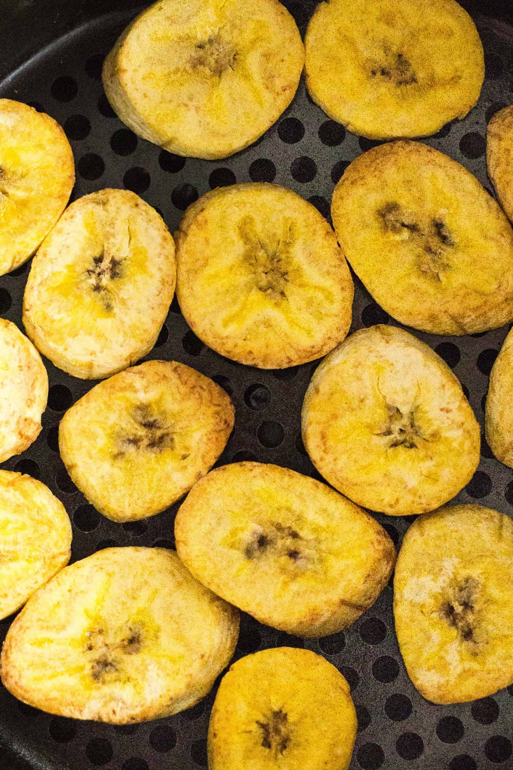 Up close shot of air fryer plantain chips.