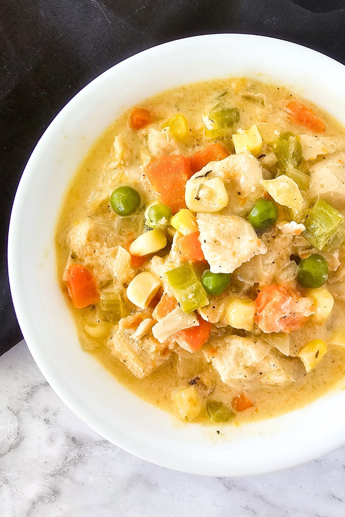 A bowl of chicken pot pie (crustless).