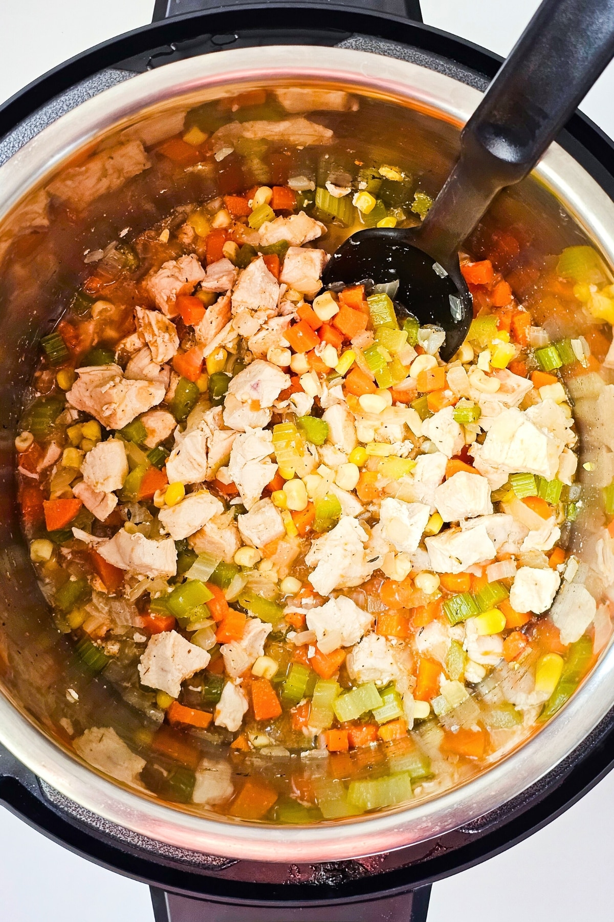 Cooked chicken and veggies in pressure cooker.