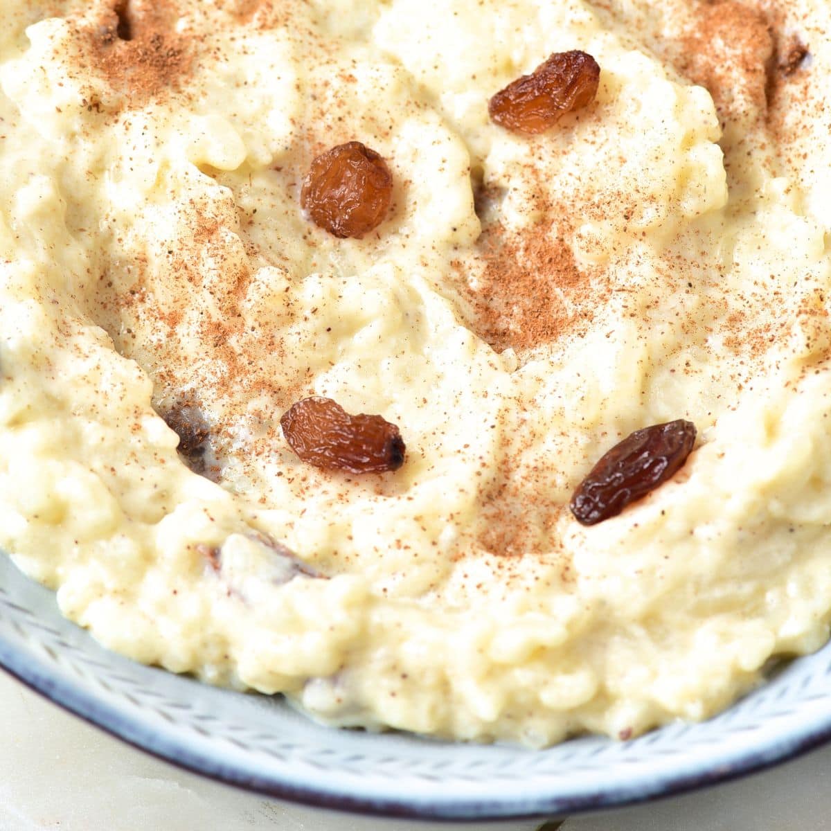 A bowl of rice pudding topped with raisins