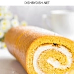 Close up shot of sliced gluten free pumpkin roll.