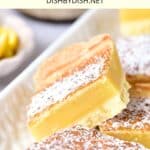 Up close shot of a lemon bar on a plate.