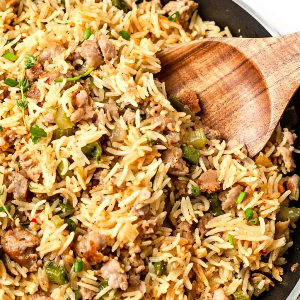 Sausage dirty rice in skillet