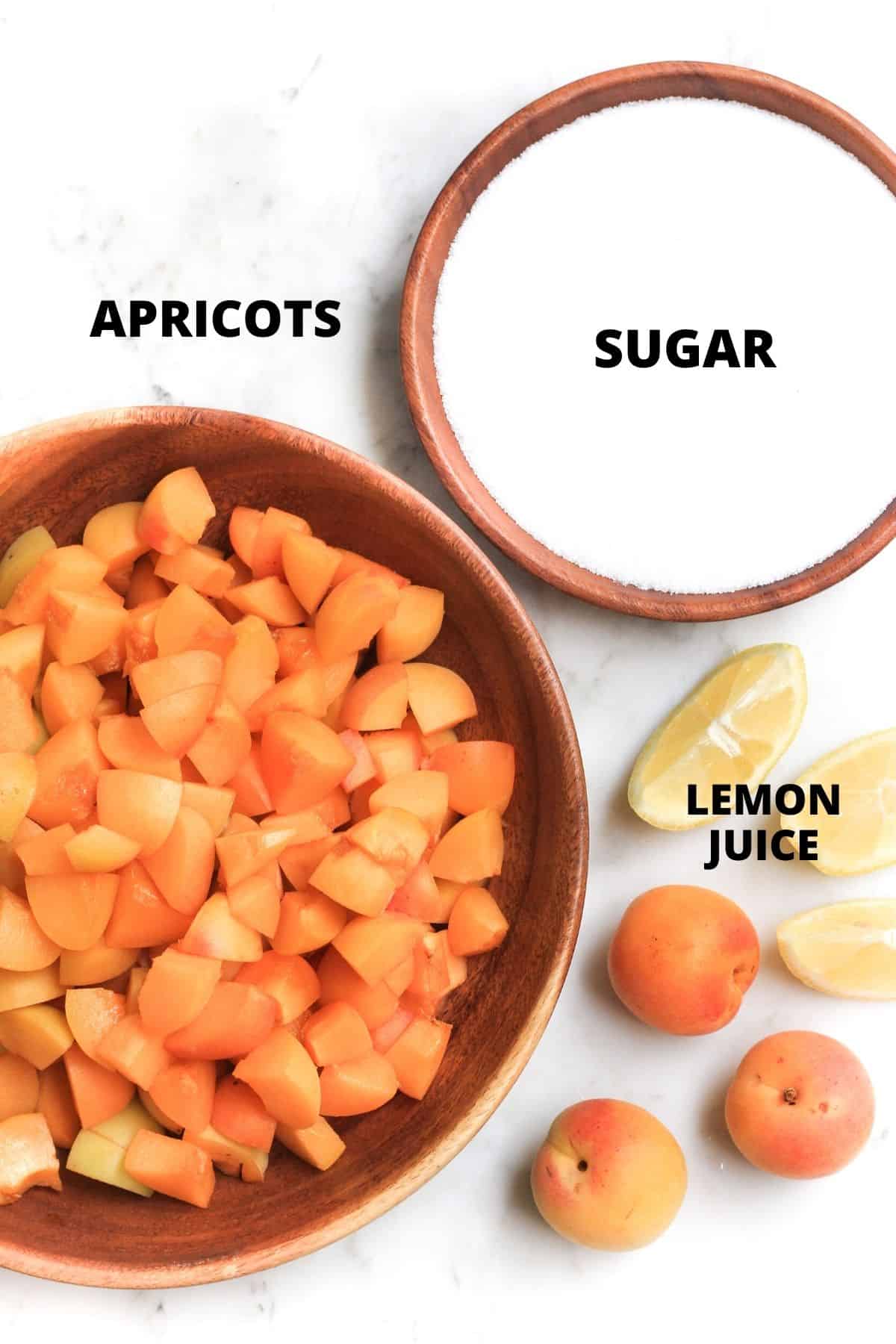 Labeled ingredients for making easy apricot jam recipe.