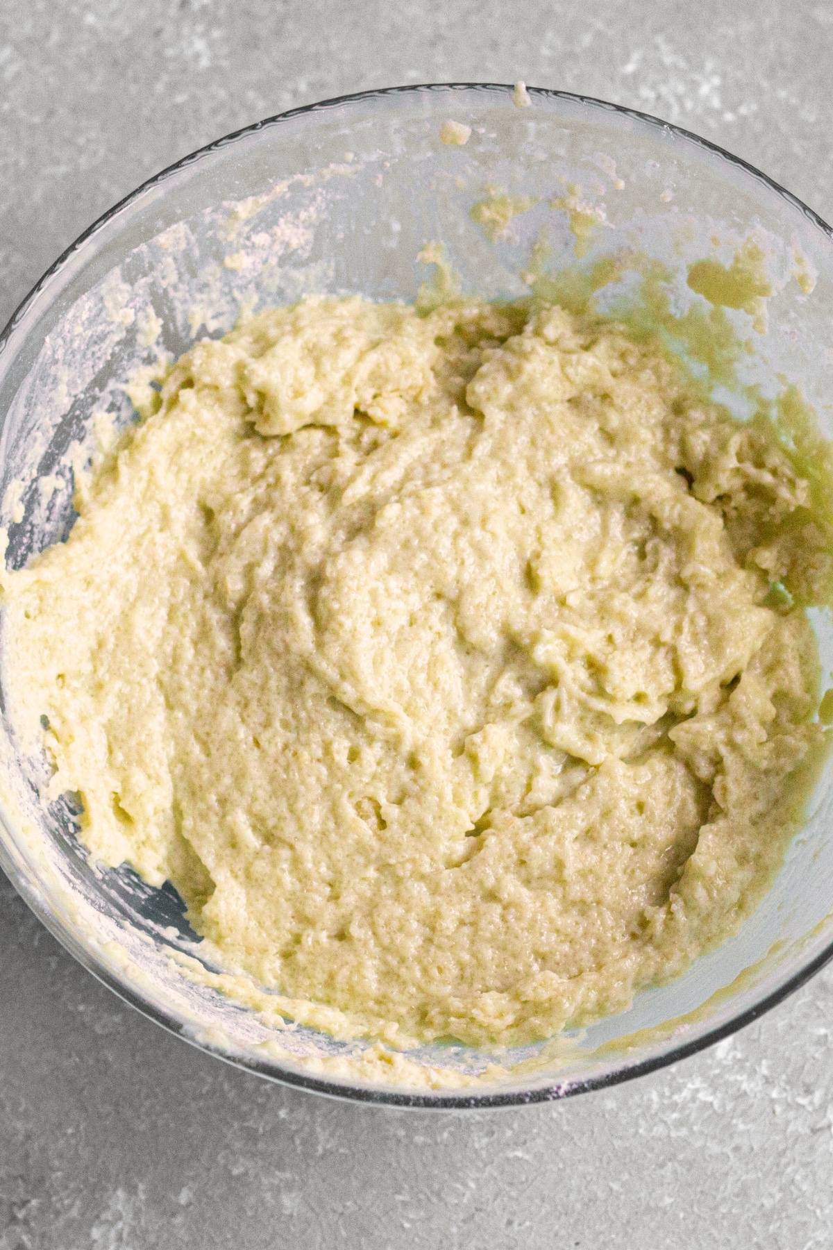 Gluten-Free Avocado Cake (Vegan) Avocado cake batter in glass bowl.